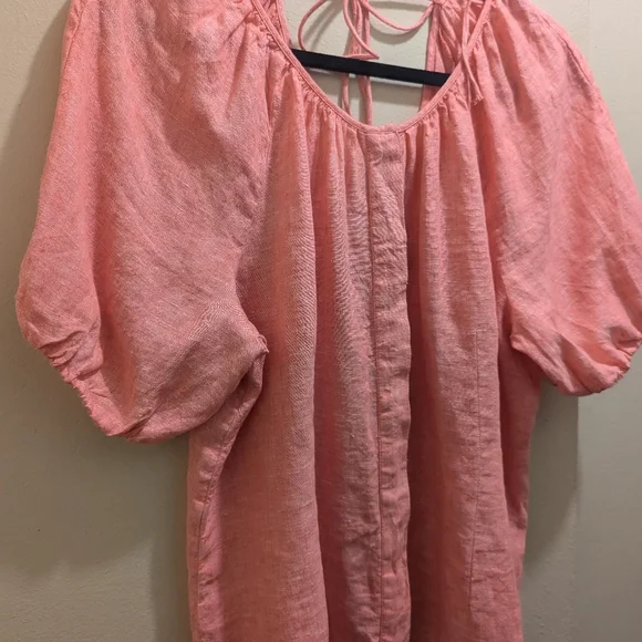 J Crew V-back Linen Top Blouse Pink Puff Short Sleeves Back Tie Button Front- 14 - Picture 8 of 12